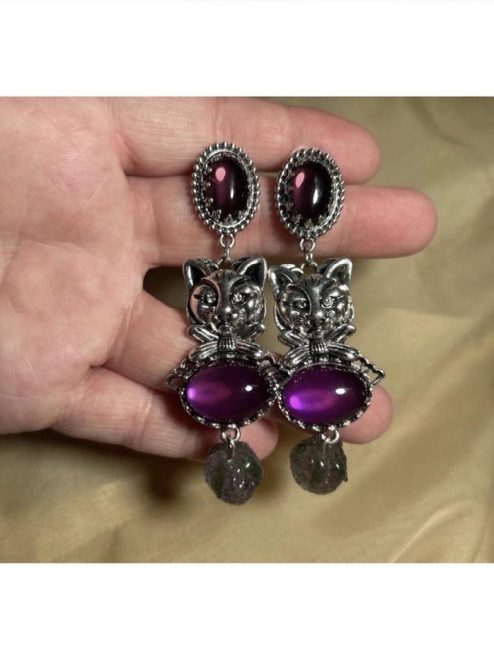 Silver Cat Drop Earrings with Purple Cabochon